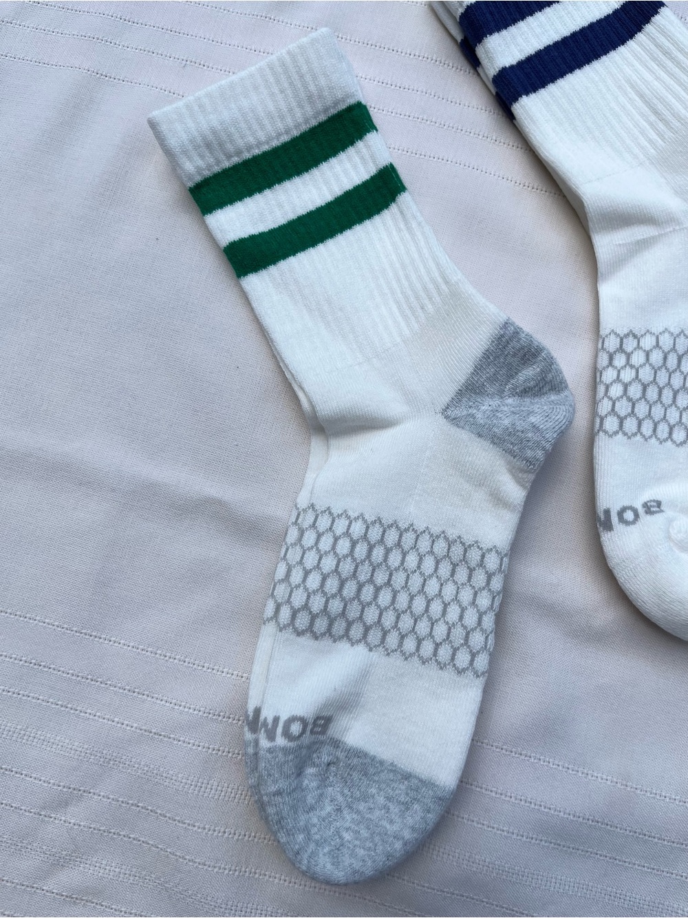 Bombas White Athletic Crew Socks with Green and Navy Stripes - Picture 4 of 14